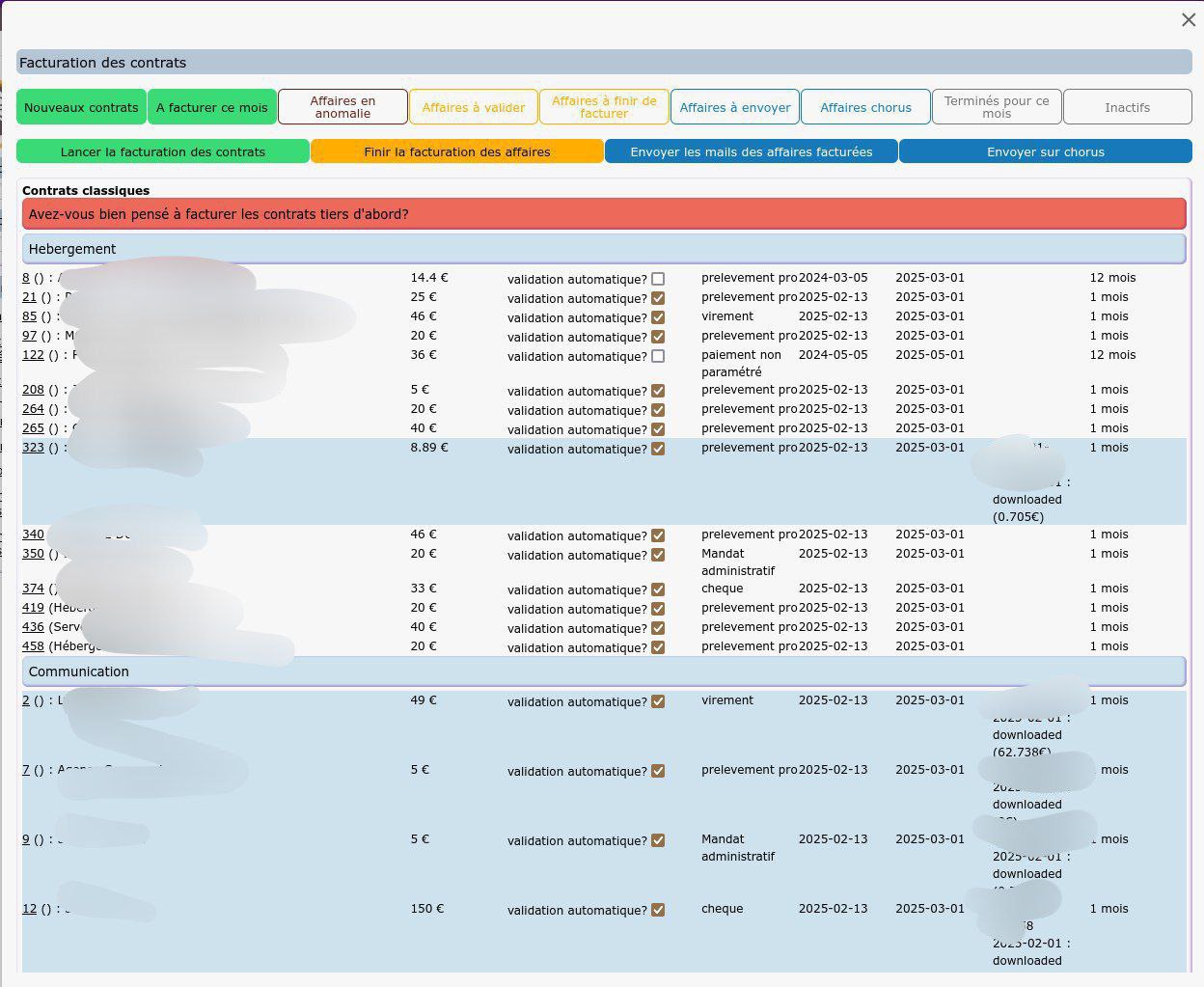 Filtrage dynamique des contrats à facturer
