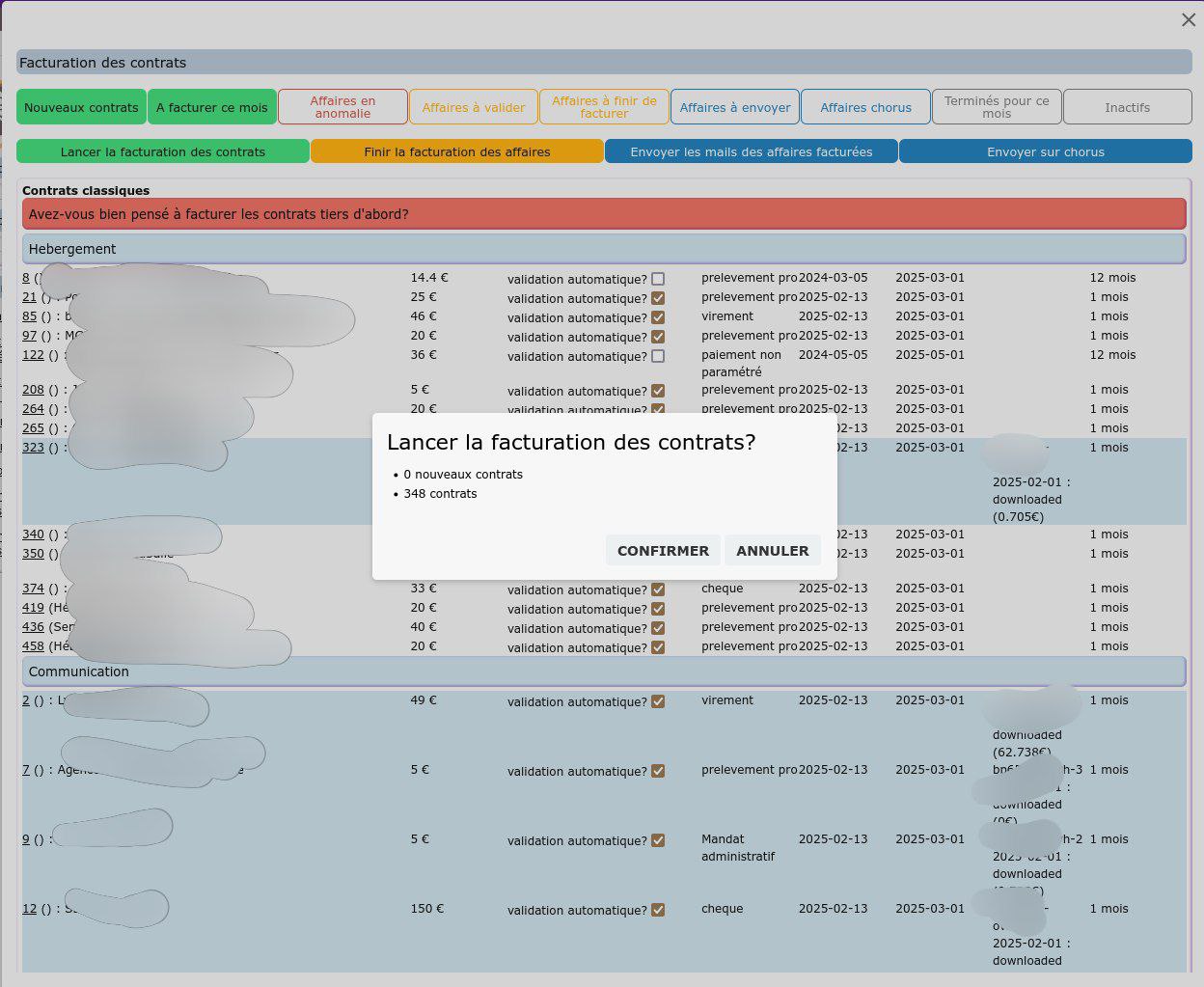 Confirmation du lancement de la facturation