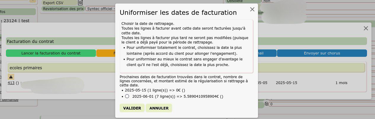Popup d’uniformisation des dates de facturation